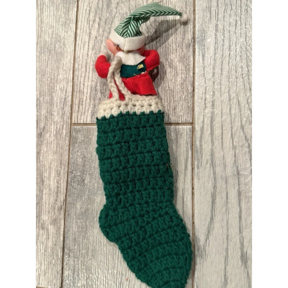 Vintage Pixie Santa Elf Knee Hugger Crochet Stocking Christmas Kitschy Rubber